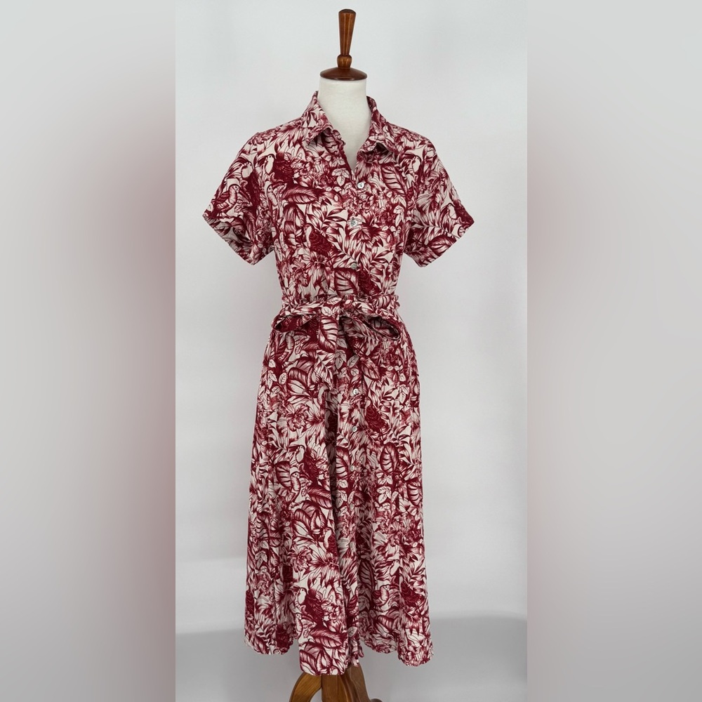 Rachel Zoe Red Tropical Linen Blend Midi Shirtdress Sz. Large with Pockets